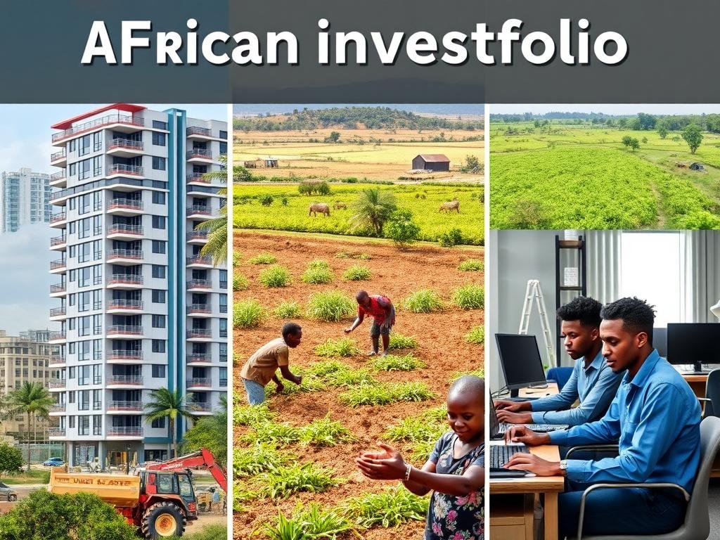 Diverse investment portfolio showing real estate, agriculture, and tech investments in Africa Diverse investment portfolio showing real estate, agriculture, and tech investments in Africa
